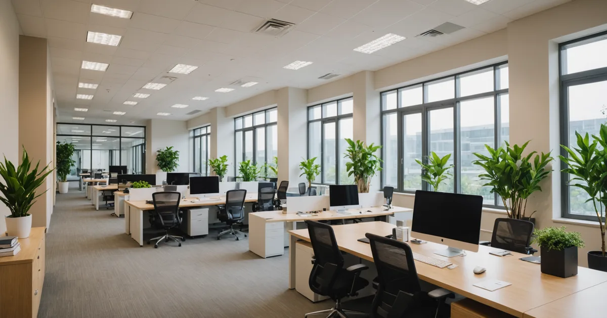 Modern office workspace interior with comfortable temperature and natural lighting
