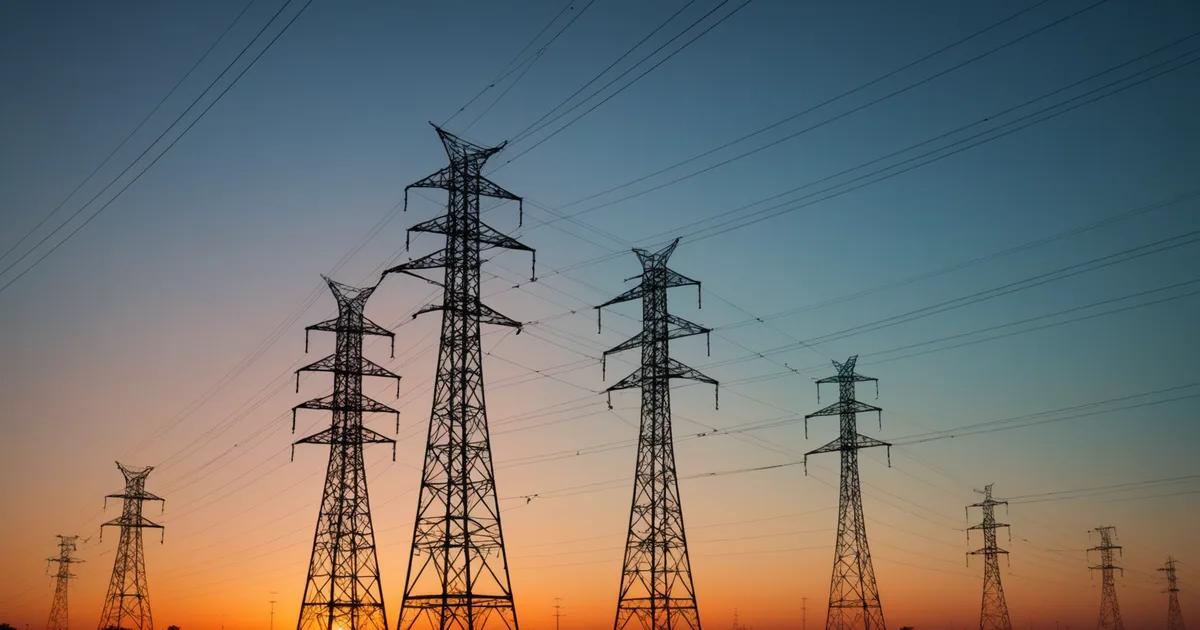 Utility grid transmission lines and electrical infrastructure at dusk