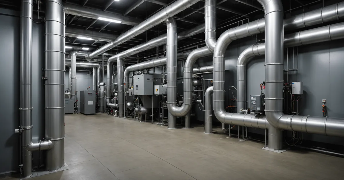 HVAC mechanical room with ductwork and control components