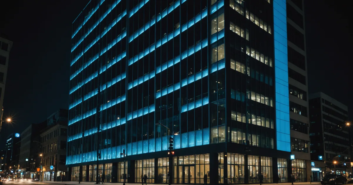 Building at night with some floors lit and others dark showing energy schedule variation