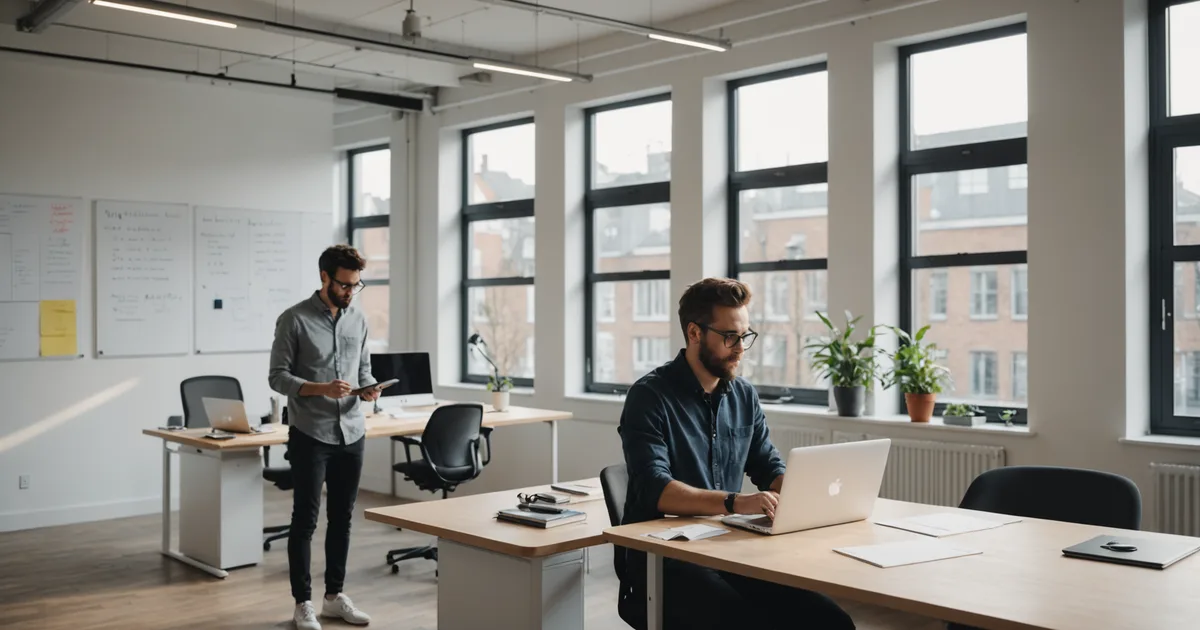 Team working at laptops in a modern office space