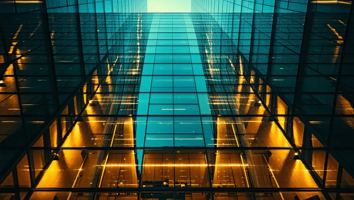 Modern commercial office tower portfolio at dusk with energy data overlay visualization