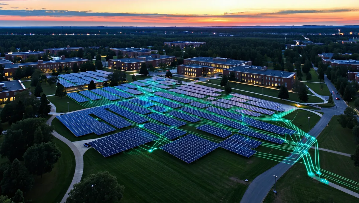 Aerial view of university campus with solar array and connected buildings at dusk