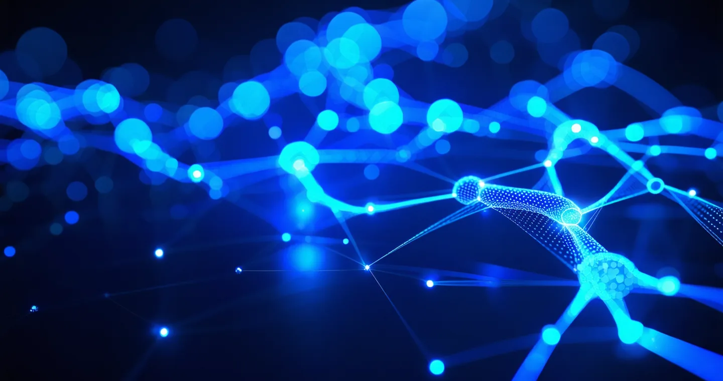 Abstract power-flow network visualization with glowing teal node connections on deep navy background