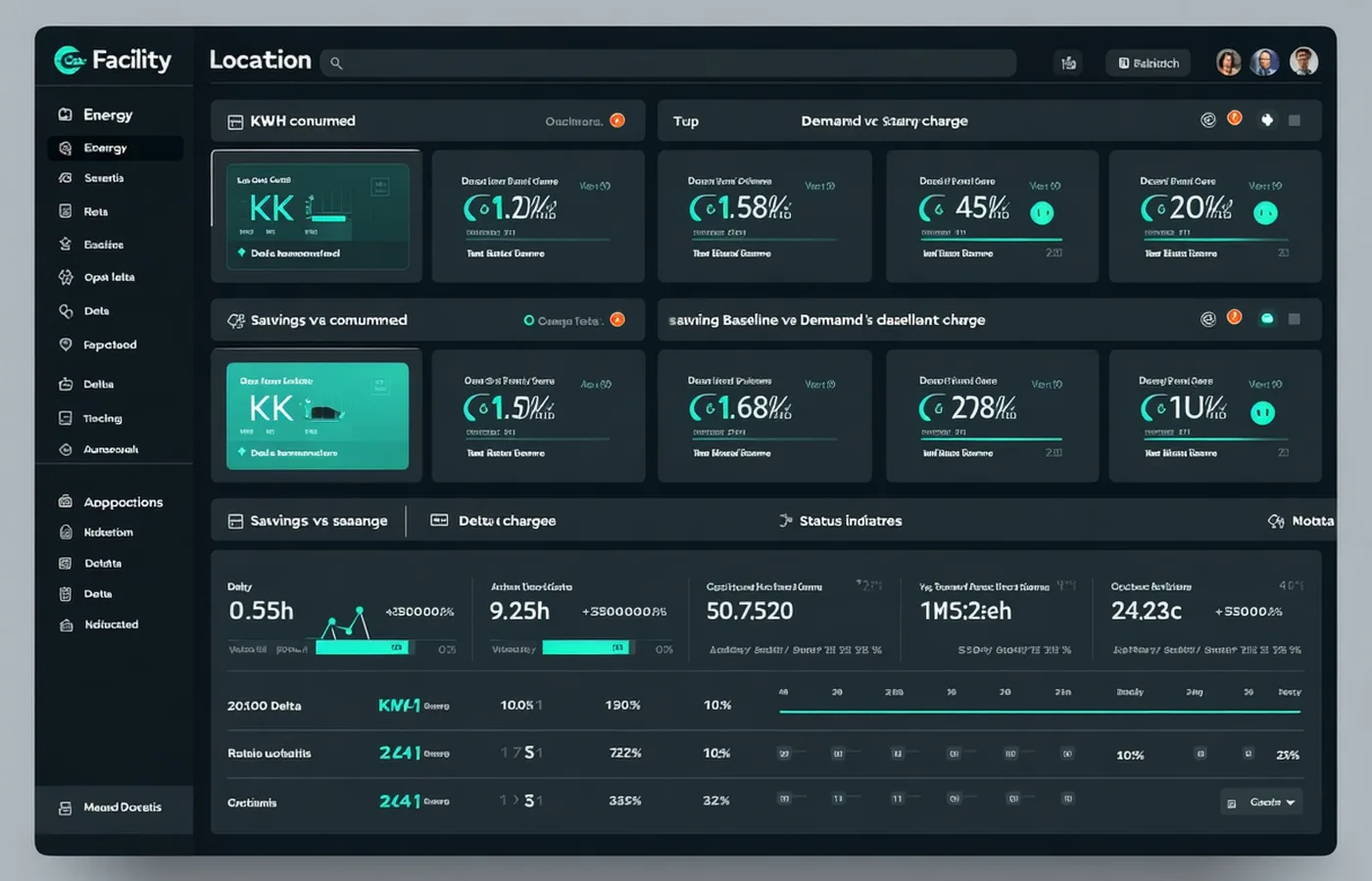 Multi-site energy monitoring dashboard showing consumption metrics and savings across multiple facilities