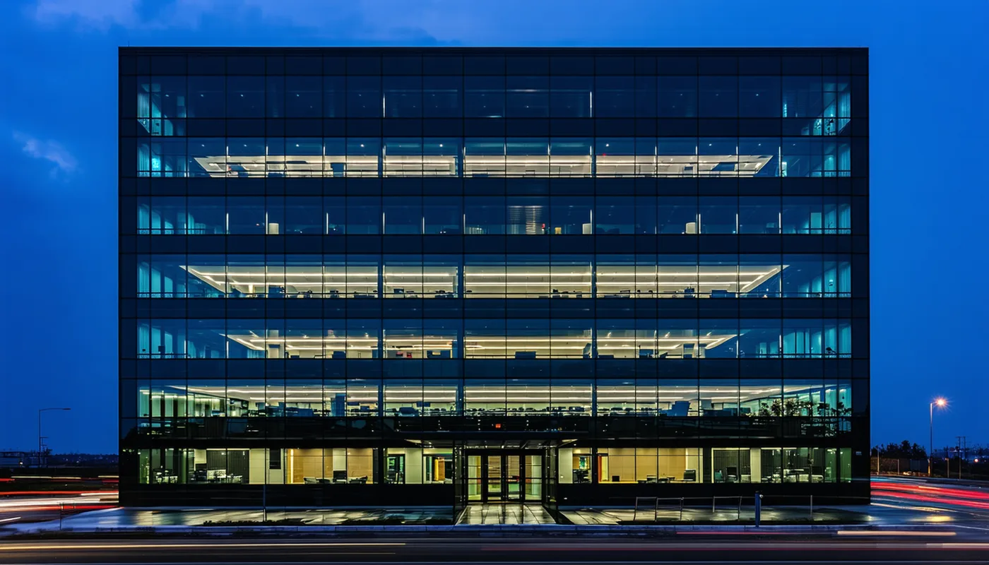 Modern commercial office building exterior at dusk with lighting visible through windows