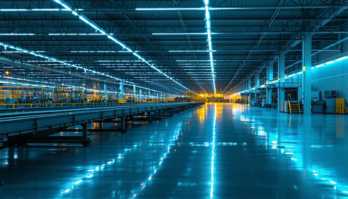 Industrial manufacturing plant floor with machinery and overhead lighting at night