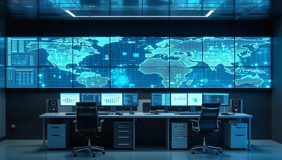 Grid control room with large display screens showing power network status